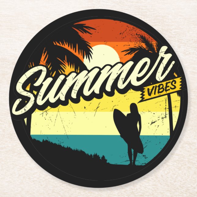 Summer Vibes Retro Silhouette  Round Paper Coaster (Front)