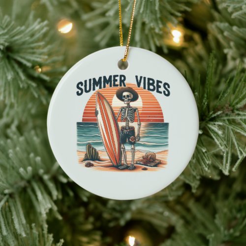 Summer Vibes Skeleton Surfer Sunset Beach Design Ceramic Ornament
