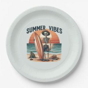 Summer Vibes Skeleton Surfer Sunset Beach Design Paper Plates