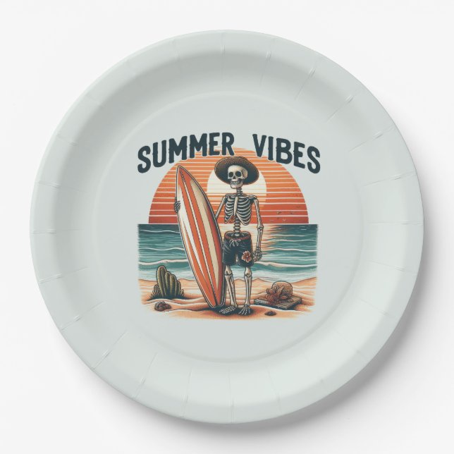 Summer Vibes Skeleton Surfer Sunset Beach Design Paper Plates (Front)