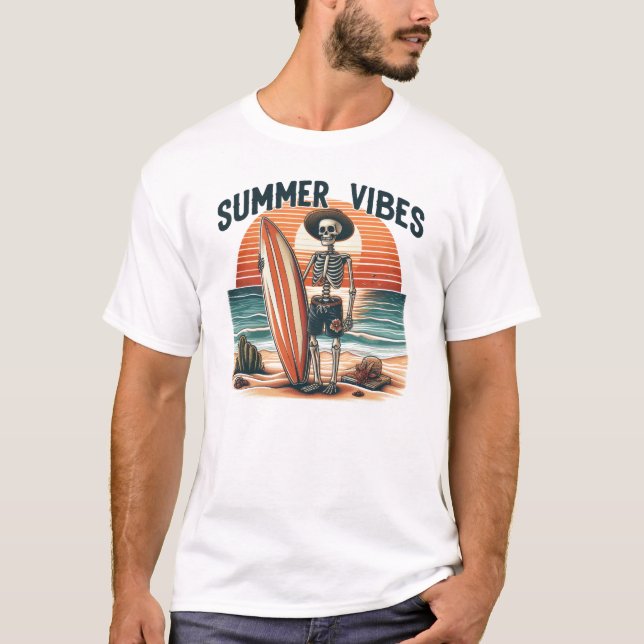Summer Vibes Skeleton Surfer Sunset Beach Design T-Shirt (Front)