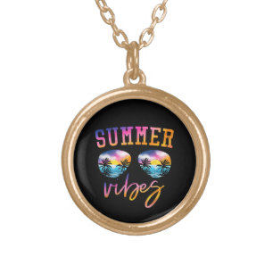 Summer Vibes Sunglasses With Palm Tree Funny Beach Gold Plated Necklace