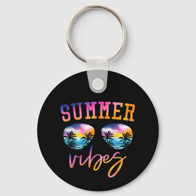 Summer Vibes Sunglasses With Palm Tree Funny Beach Keychain (Front)