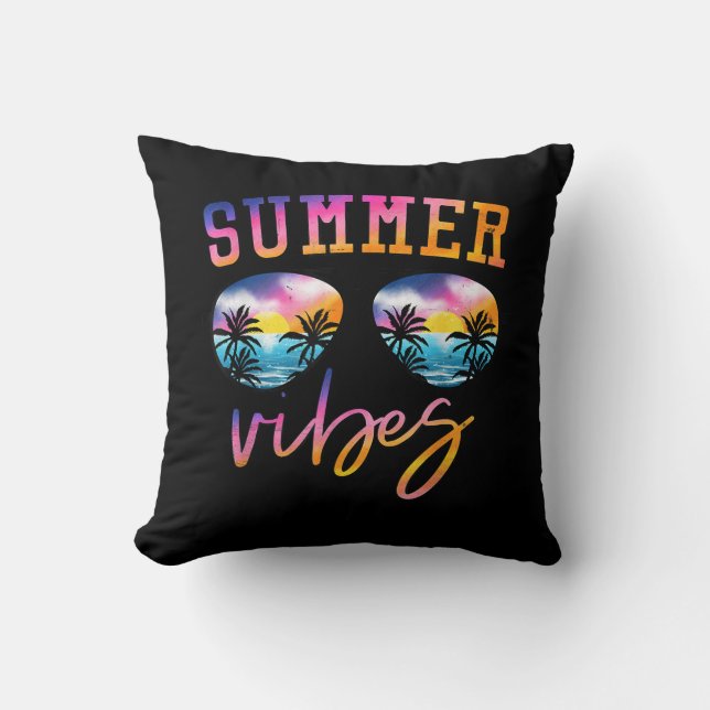 Summer Vibes Sunglasses With Palm Tree Funny Beach Throw Pillow (Front)