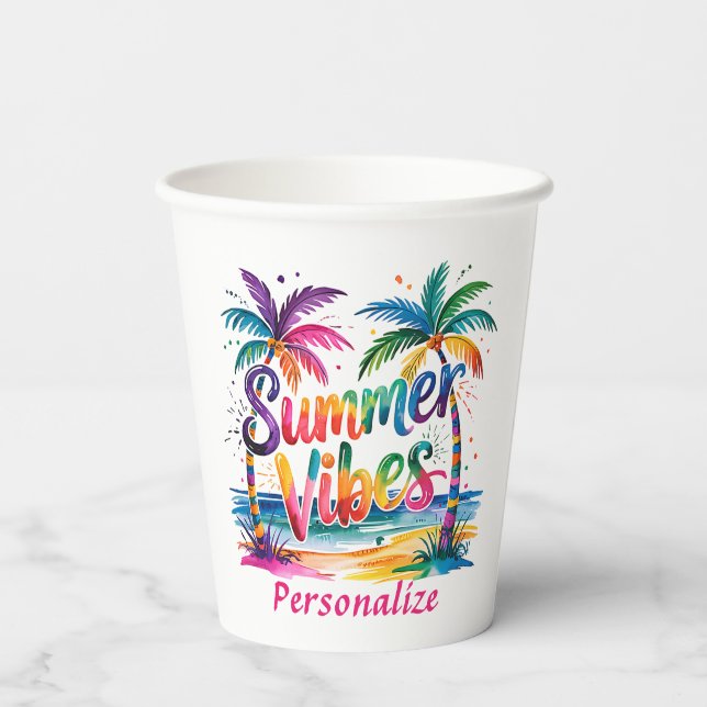 Summer Vibes Tropical Palm Tree Ocean Colorful Paper Cups (Back)