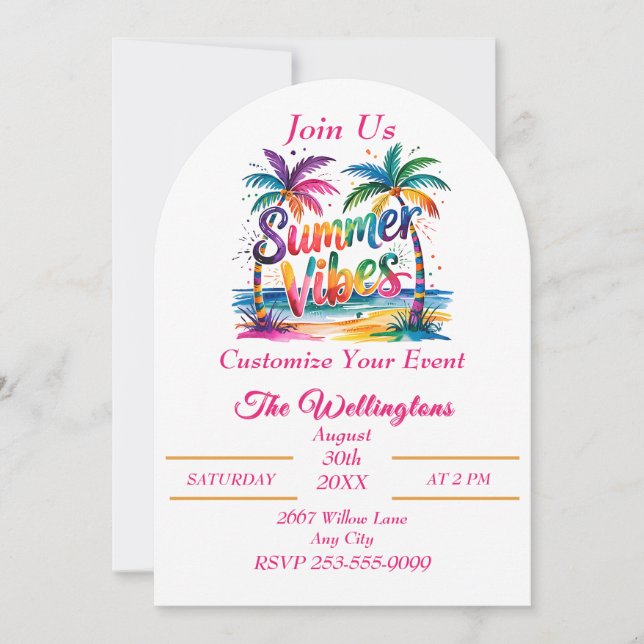 Summer Vibes Tropical Palm Tree Ocean Customize Invitation (Front)