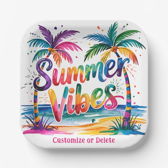 Summer Vibes Tropical Palm Tree Ocean Customize Paper Plates (Front)