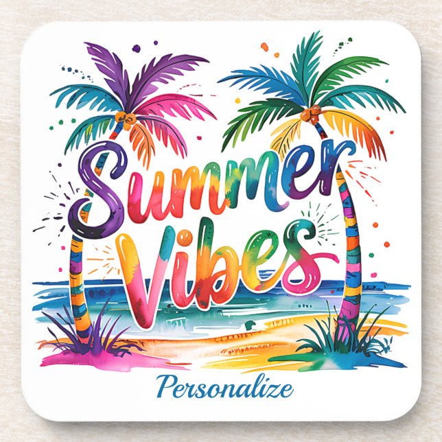 Summer Vibes Tropical Palm Tree Ocean Personalized Beverage Coaster (Front)