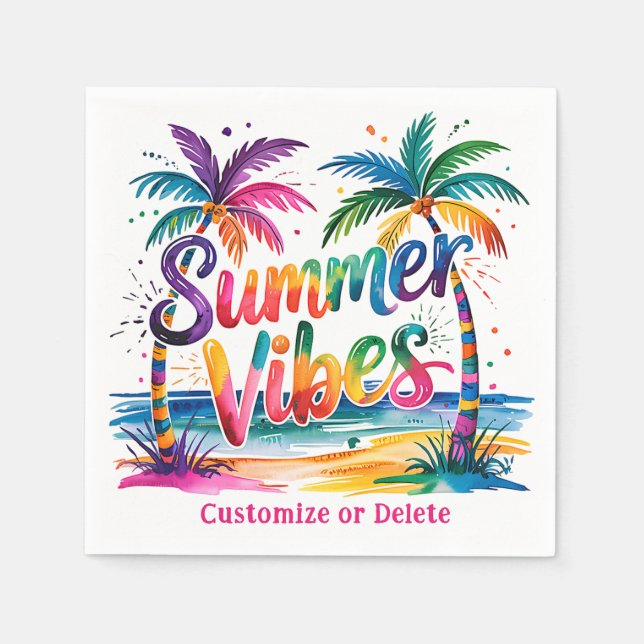 Summer Vibes Tropical Palm Tree Ocean Personalized Napkins (Front)