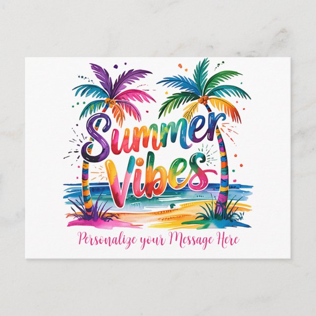 Summer Vibes Tropical Palm Trees & Ocean Sunset Announcement Postcard (Front)