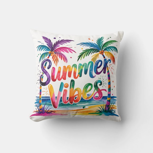 Summer Vibes Tropical Palm Trees & Ocean Sunset Throw Pillow (Front)