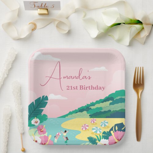 Summer Vibes Tropical Pink 21st Birthday Paper Plates