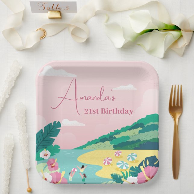 Summer Vibes Tropical Pink 21st Birthday Paper Plates (Wedding)