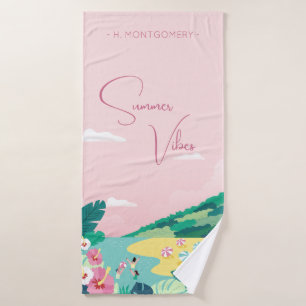 Summer Vibes Tropical Pink Custom Name Beach Bath Towel