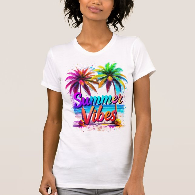 Summer Vibes Tropical Rainbow Palm Tree Design T-Shirt (Front)