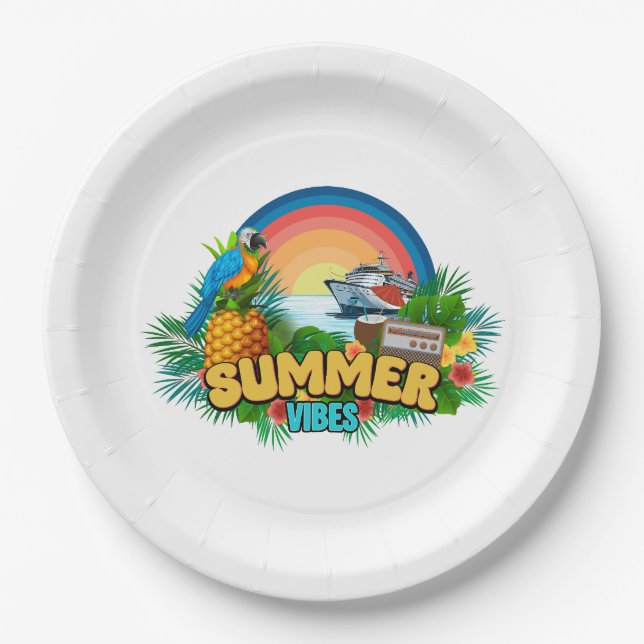 Summer Vibes Vacation Beach Party Paper Plates (Front)