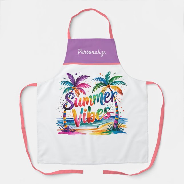 Summer Vibes Vibrant Palm Trees Ocean Personalized Apron (Front)
