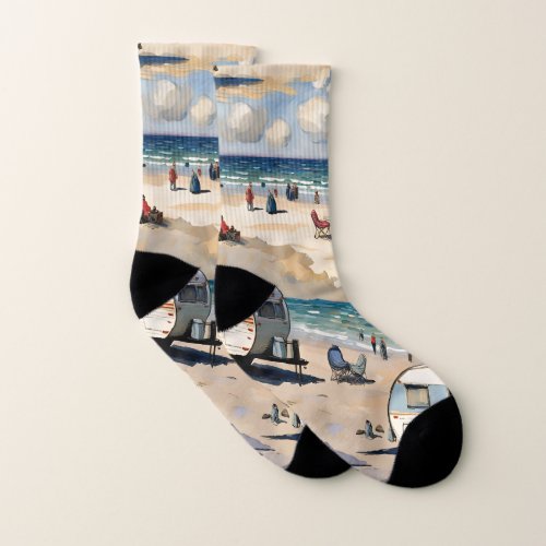 Summer Vibes Vintage Caravan on the Beach  Socks