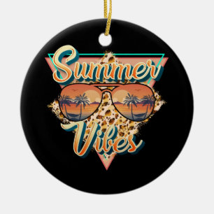 Summer Vibes Vintage Sunglasses Beach Sunset Ceramic Ornament