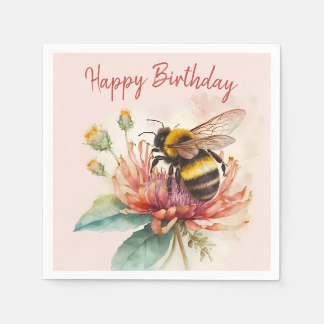 Summer Vibes Watercolor Bumblebee Happy Birthday Napkins (Front)