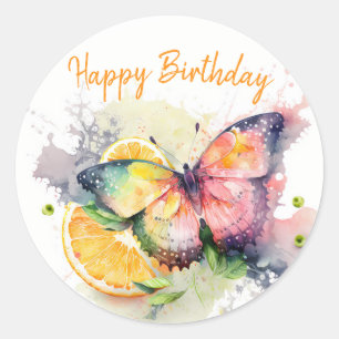 Summer Vibes Watercolor Butterfly - Happy Birthday Classic Round Sticker