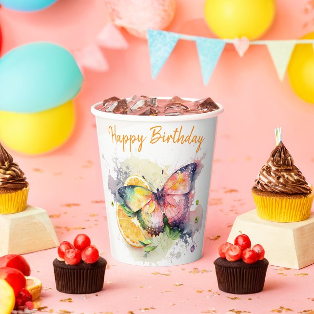 Summer Vibes Watercolor Butterfly - Happy Birthday Paper Cups (Creator Uploaded)