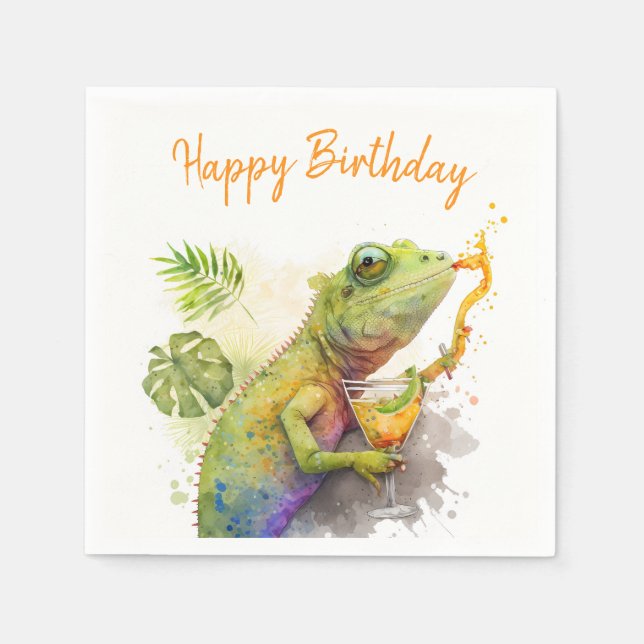 Summer Vibes Watercolor Chameleon - Happy Birthday Napkins (Front)