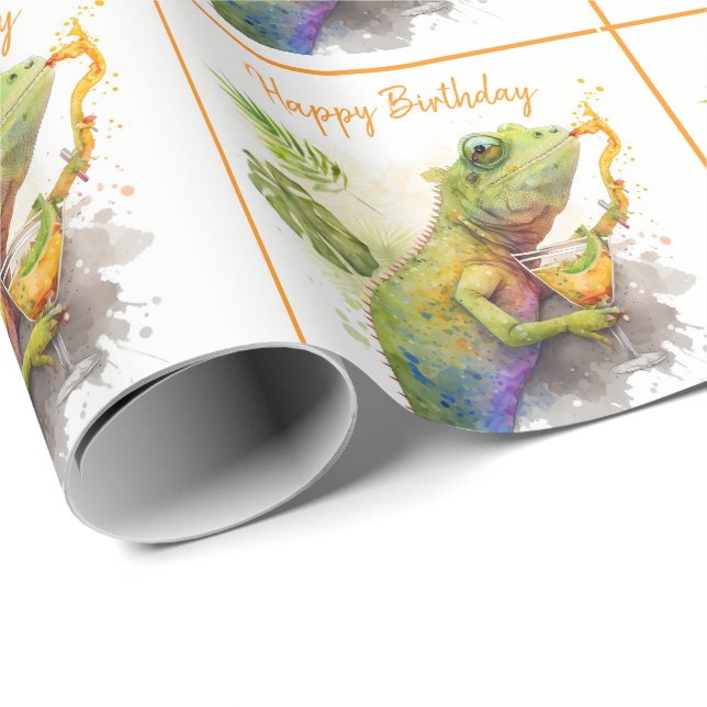 Summer Vibes Watercolor Chameleon - Happy Birthday Wrapping Paper (Roll Corner)