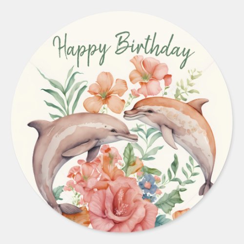 Summer Vibes Watercolor Dolphins Happy Birthday Classic Round Sticker