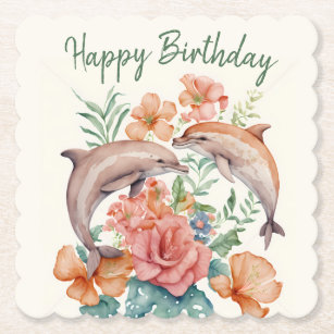 Summer Vibes Watercolor Dolphins Happy Birthday Paper Coaster