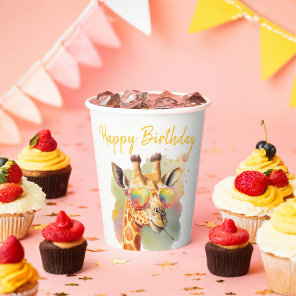 Summer Vibes Watercolor Giraffe - Happy Birthday Paper Cups