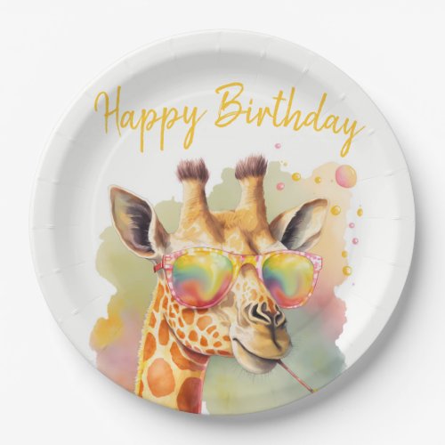 Summer Vibes Watercolor Giraffe _ Happy Birthday Paper Plates