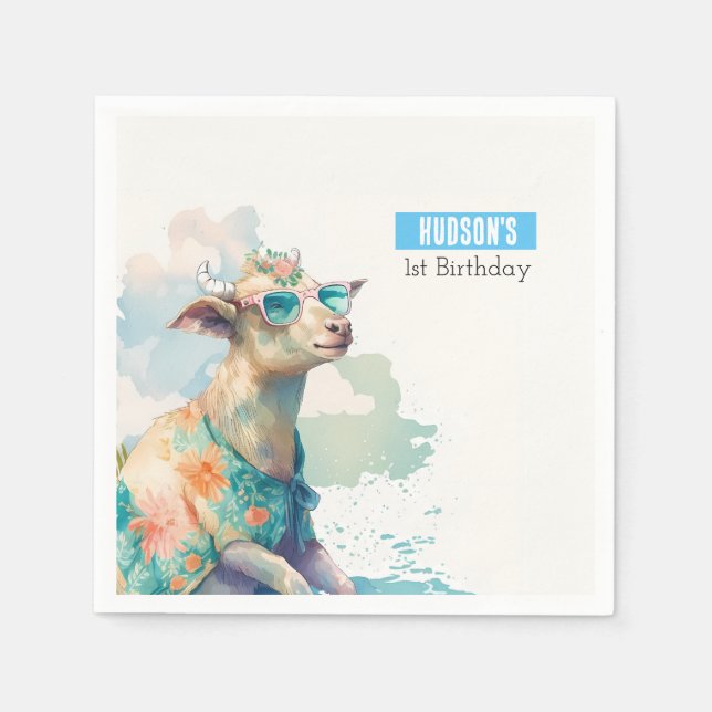 Summer vibes Watercolor Goat -  Birthday  Napkins (Front)
