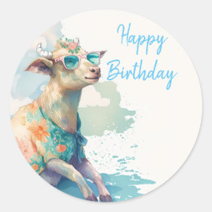 Summer Vibes Watercolor Goat - Happy Birthday Classic Round Sticker