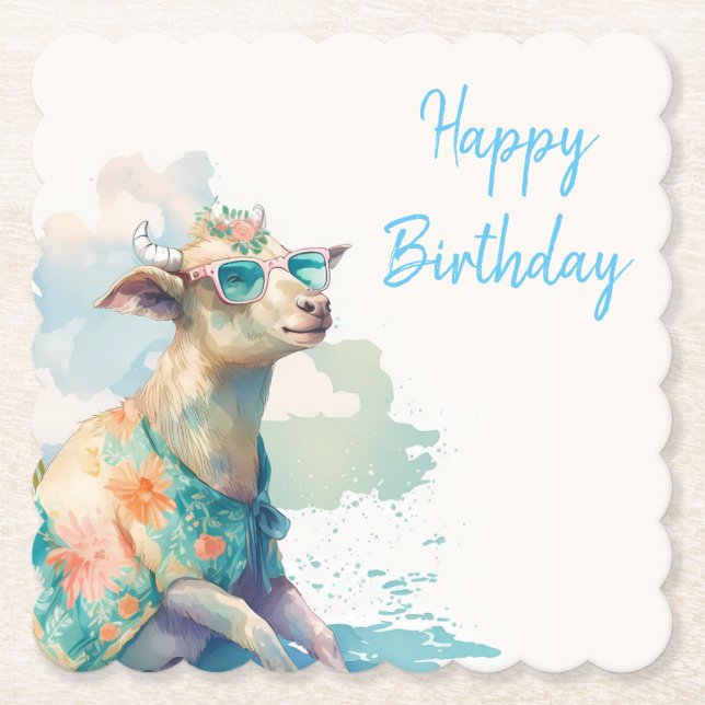 Summer Vibes Watercolor Goat - Happy Birthday Paper Coaster (Front)
