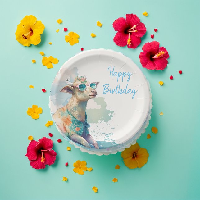 Summer Vibes Watercolor Goat - Happy Birthday Paper Plates (Creator Uploaded)