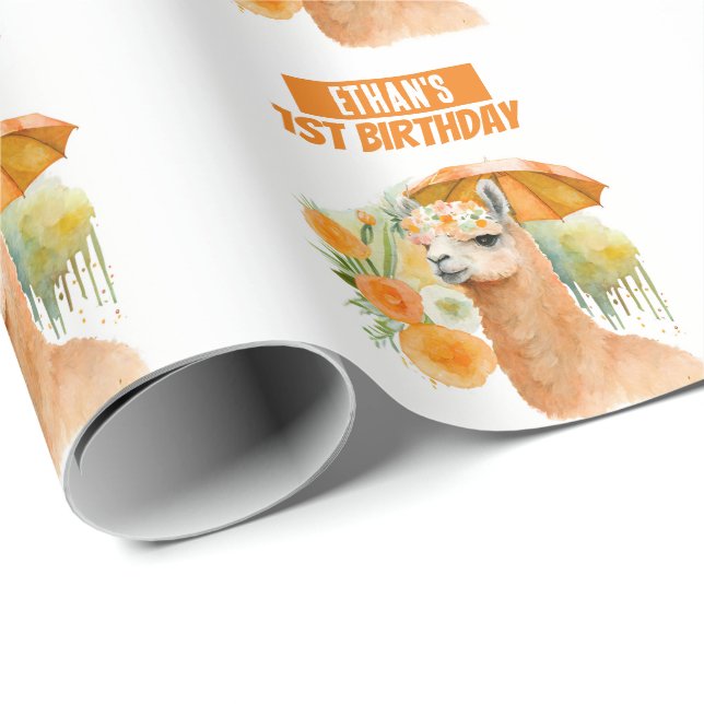 Summer Vibes Watercolor Llama Birthday Wrapping Paper (Roll Corner)