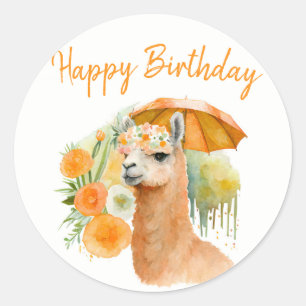 Summer Vibes Watercolor Llama - Happy Birthday Classic Round Sticker