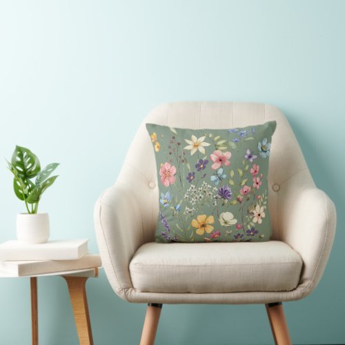 Summer Vibes Watercolor Wildflower Sage Green Throw Pillow