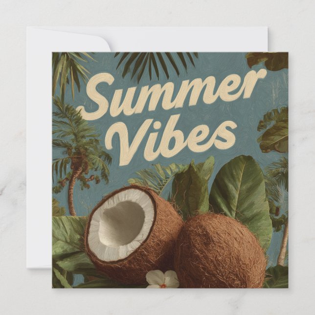 "Summer Vibes" with Coconuts and Tropical Foliage Holiday Card (Front)