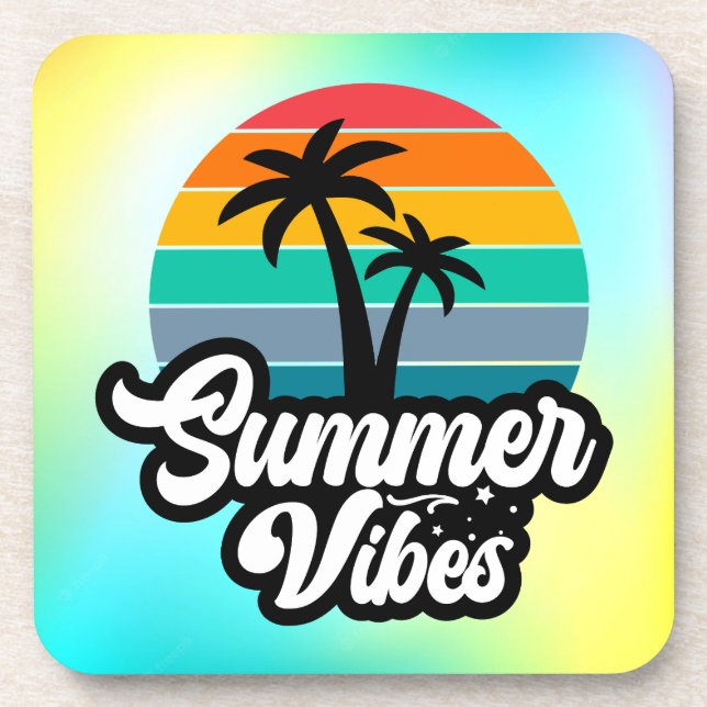 Summer Vibes with Palm Trees Design Beverage Coaster (Front)