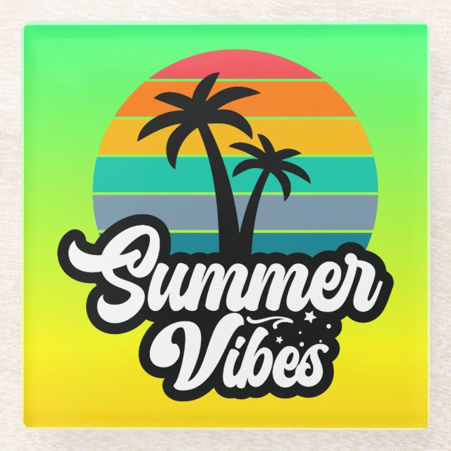 Summer Vibes with Palm Trees Design Glass Coaster (Front)