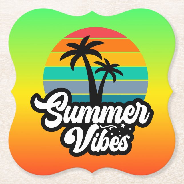 Summer Vibes with Palm Trees Design Paper Coaster (Front)