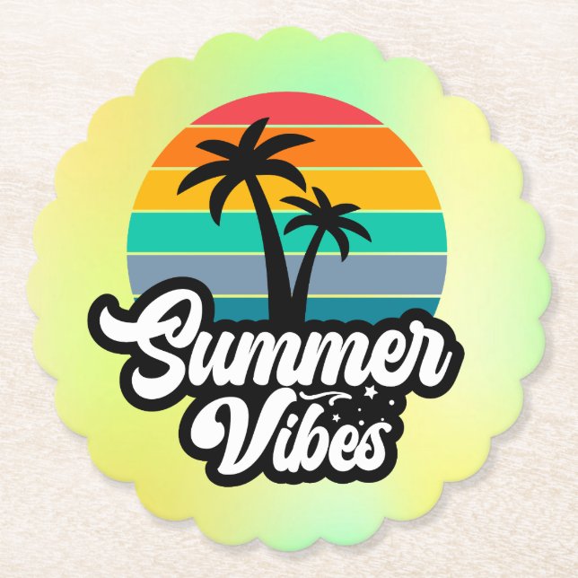 Summer Vibes with Palm Trees Design Paper Coaster (Front)