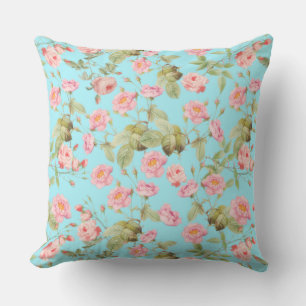 Summer Victorian Vintage Roses Pattern on Teal Throw Pillow