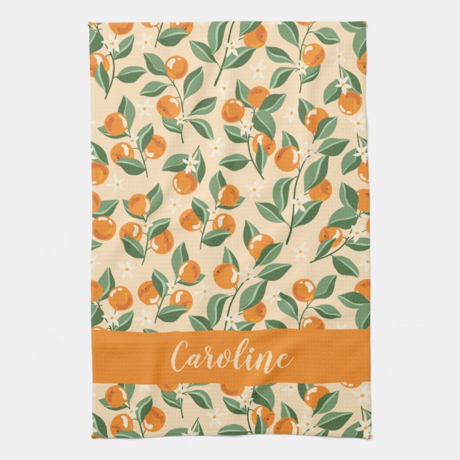 Summer Vintage Oranges Boho Fruit Personalized Kitchen Towel (Vertical)
