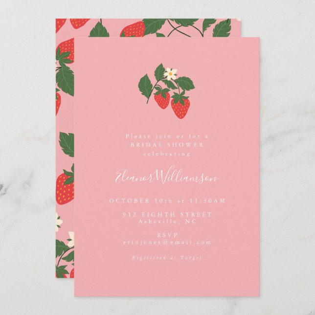 Summer Vintage Pink Strawberry Boho Bridal Shower Invitation (Front/Back)