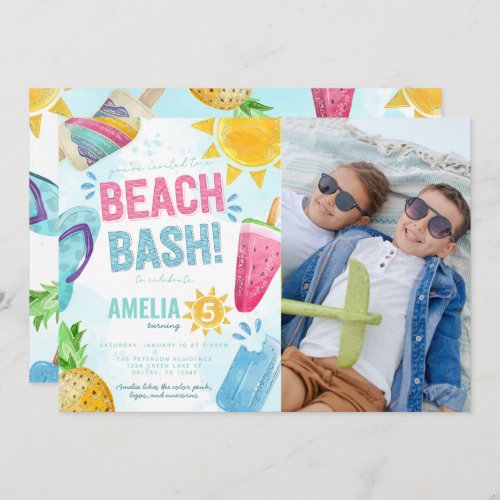 Summer Watercolor Beach Bash Birthday Party Invitation