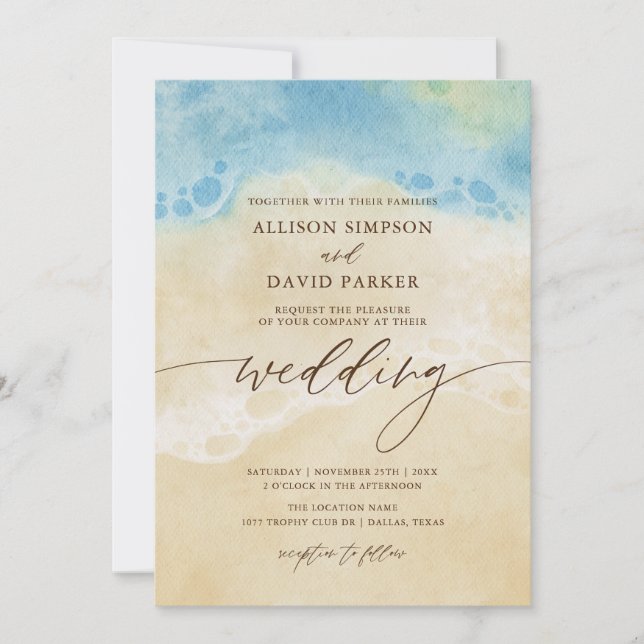 Summer Watercolor Beach Blue Wedding Invitations (Front)