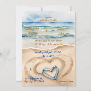 summer watercolor beach ocean blue wedding  invitation